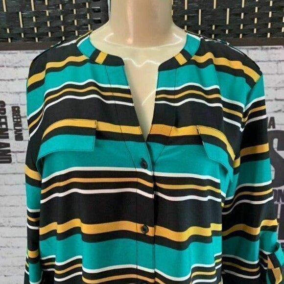 Calvin Klein L Multi Striped Button Collar Top - Picture 2 of 6